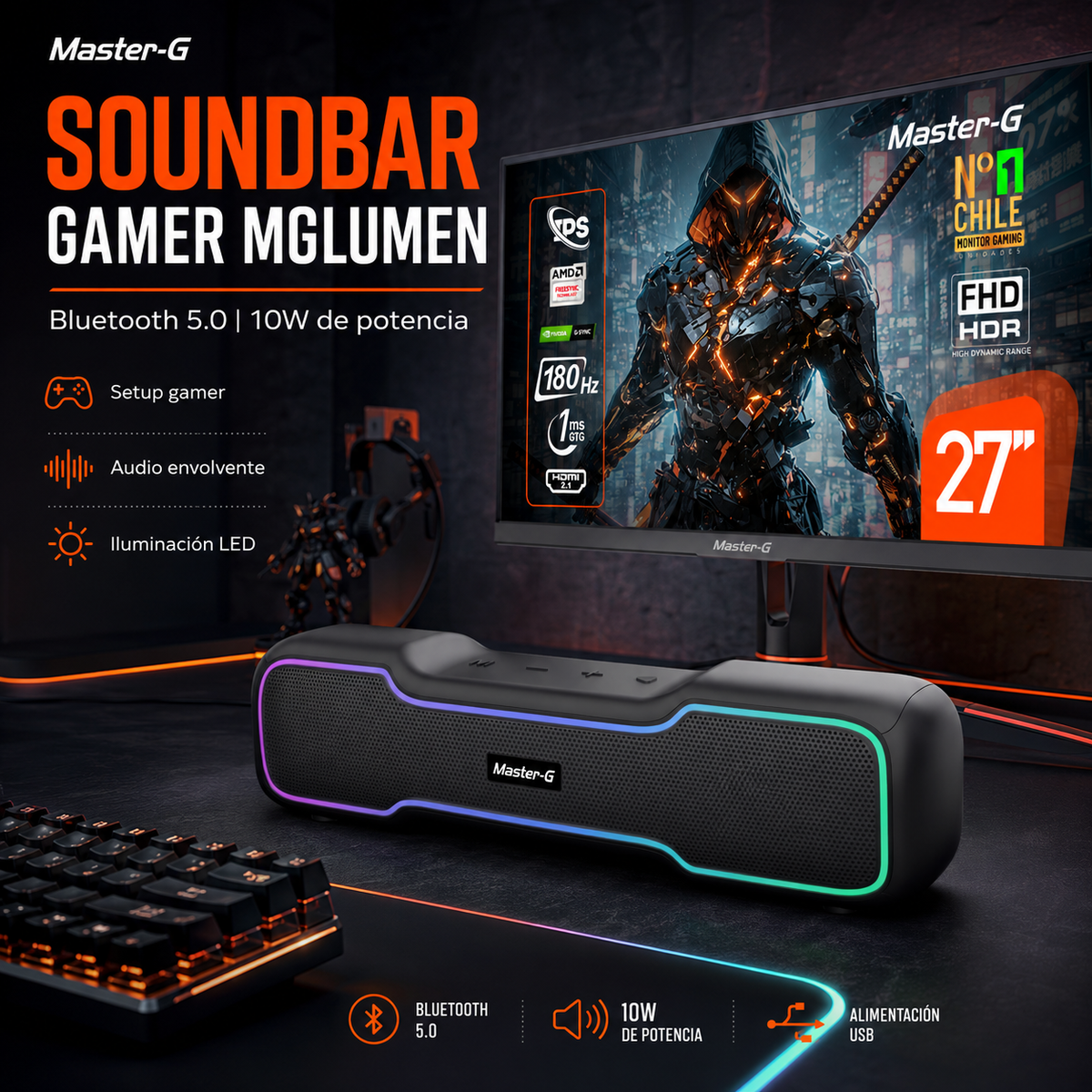 Soundbar Parlante Gamer Bluetooth RGB 10W MGLUMEN Master-G