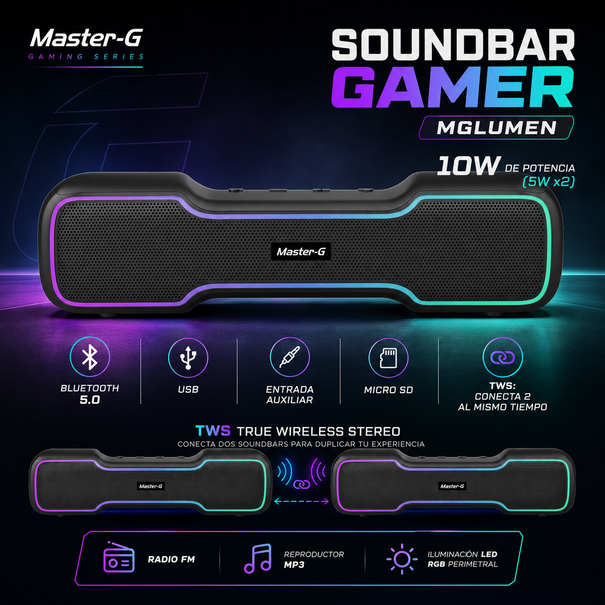 Soundbar Parlante Gamer Bluetooth RGB 10W MGLUMEN Master-G