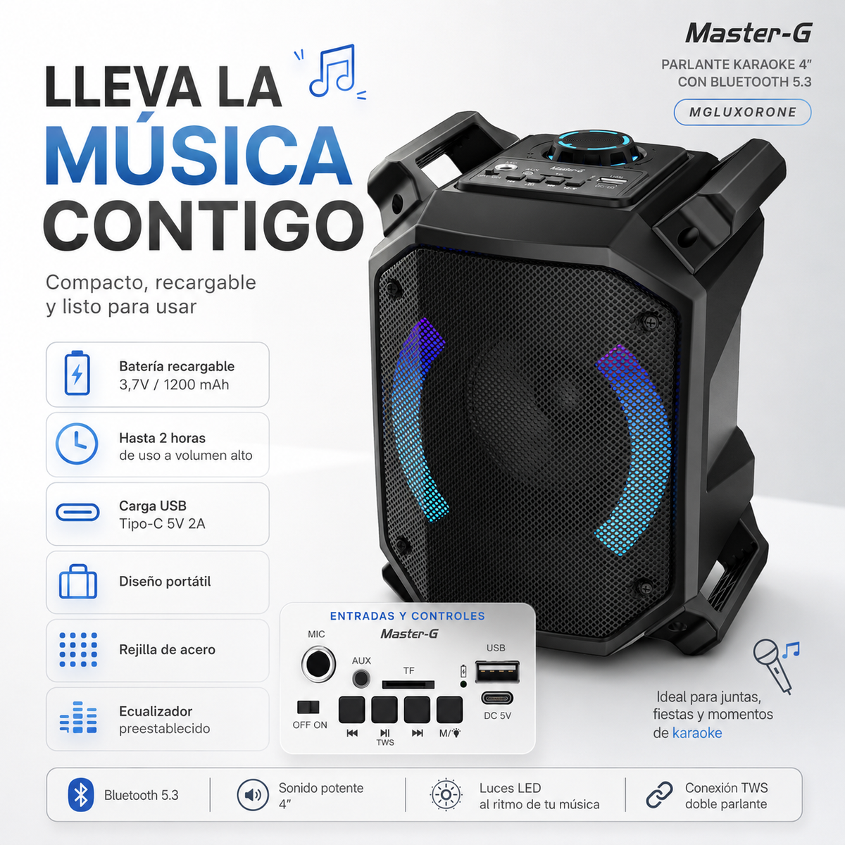 Parlante Bluetooth Karaoke Luxor One 4” Micrófono Master-G