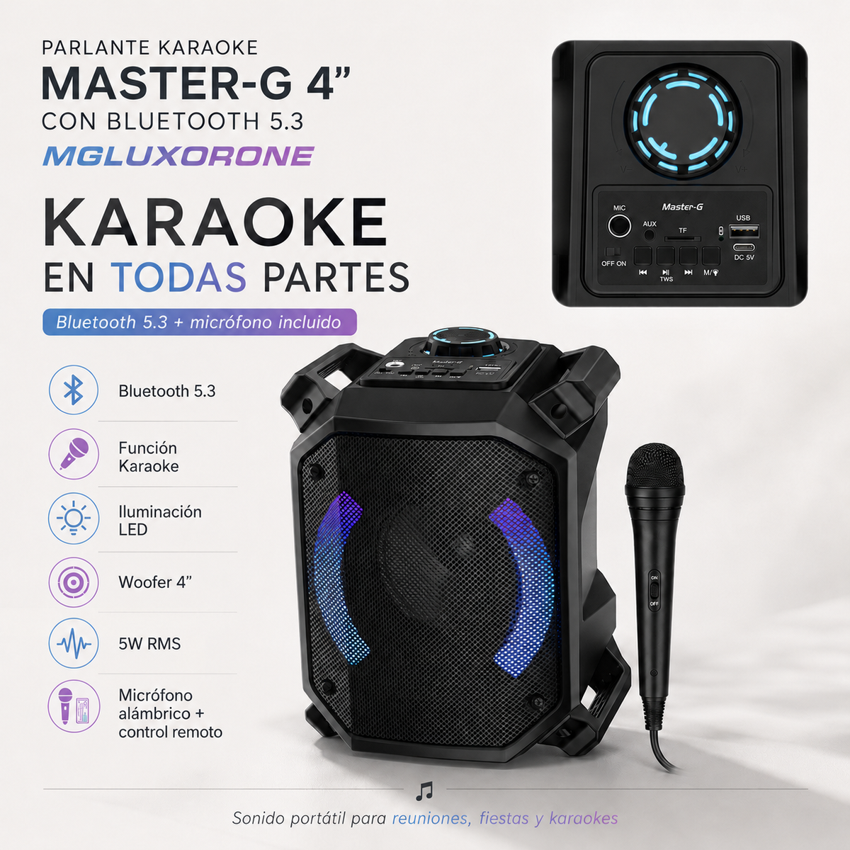 Parlante Bluetooth Karaoke Luxor One 4” Micrófono Master-G